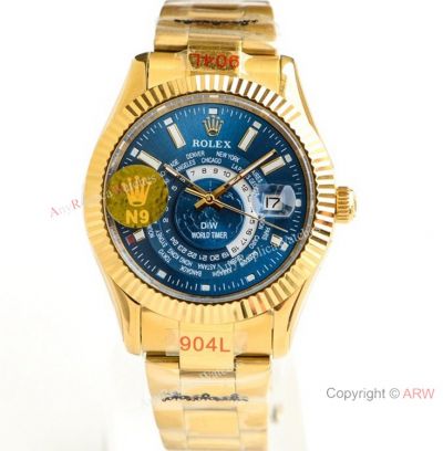 N9 Swiss Rolex DiW Sky Dweller Gold Replica Watch 904L Blue Face